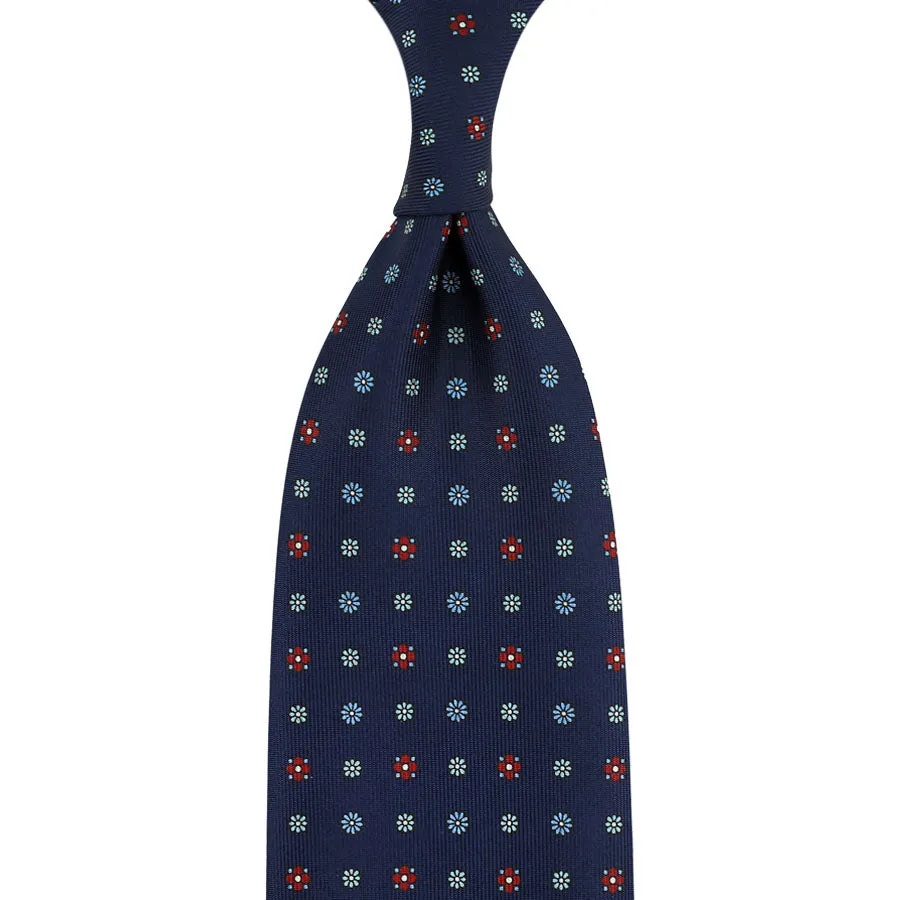 Floral Printed Silk Tie - Navy - Hand-Rolled