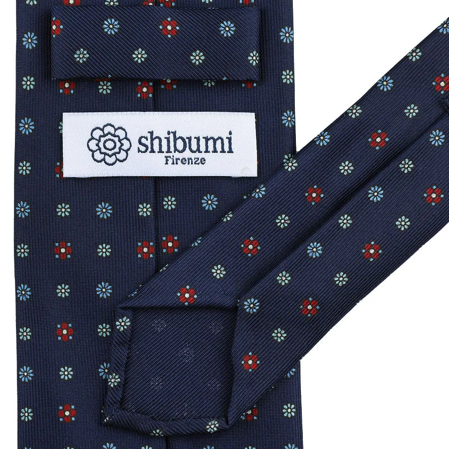 Floral Printed Silk Tie - Navy - Hand-Rolled