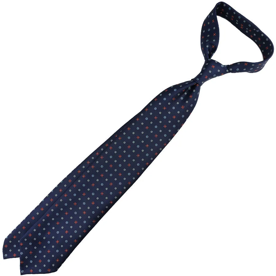 Floral Printed Silk Tie - Navy - Hand-Rolled