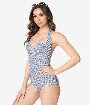 Kingdom & State Navy & White Gingham Halter One Piece Swimsuit