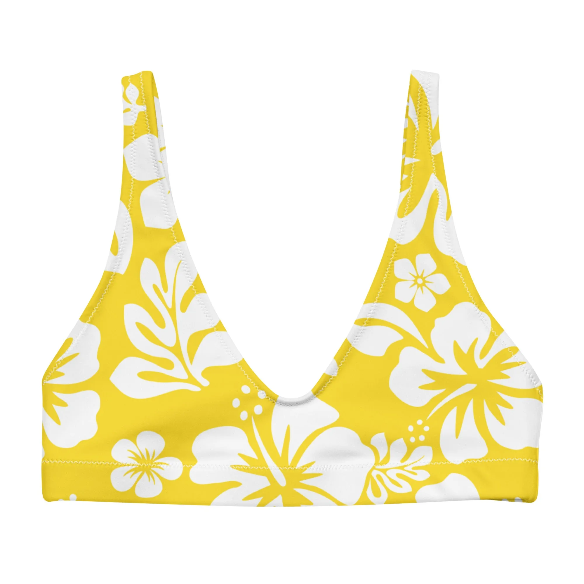 White Hawaiian Flowers on Yellow Halter Bikini Top